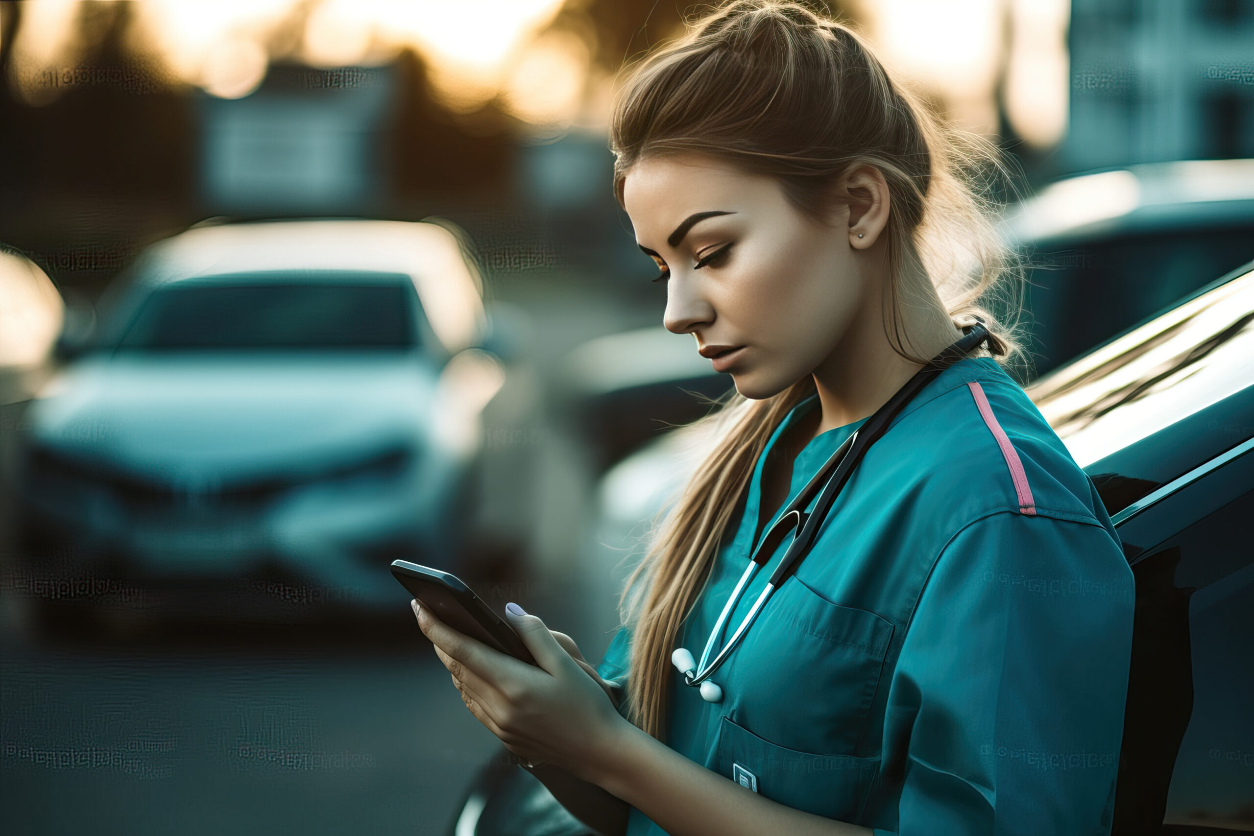 he young adult nurse leans against her car and text messages on her smart phone while filling her car at the gas pump